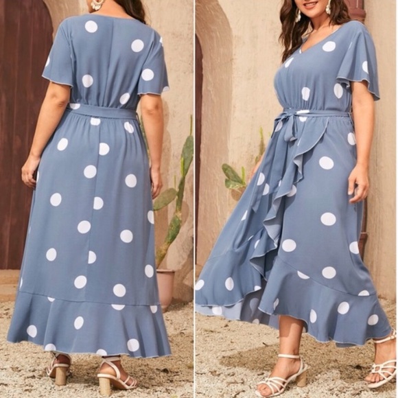 Plus Boho Navy Blue  Polka Dot Ruffle Maxi Dress - Picture 7 of 8